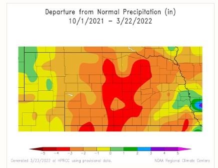 Departure from normal precipitation in Nebraska